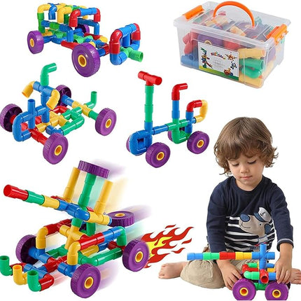 ZOZOPLAY STEM Learning Toy Tubular Pipes & Spouts & Joints 96 Piece Build Bicycle, Tank, Scootie, Moter Skills Endless Designs Educational Building Blocks Set for Kid Ages 3+ Multicolor