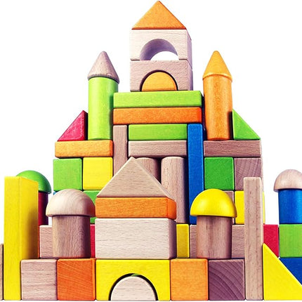 Migargle Wooden Building Blocks Set for Kids - Rainbow Stacker Stacking Game Construction Toys Set Preschool Colorful Learning Educational Toys - Geometry Wooden Blocks for Boys & Girls