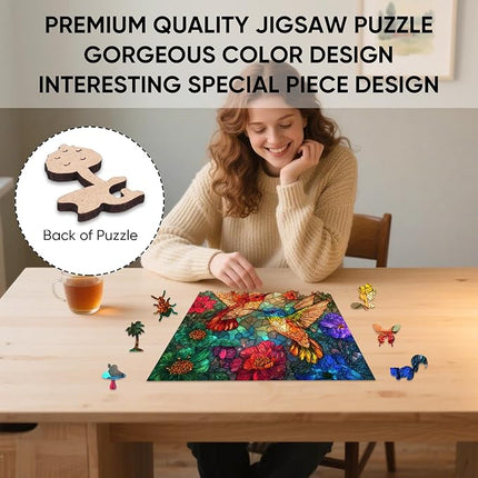 Glass Hummingbird Wooden Puzzles, 200 Pieces Jigsaw Puzzles 11.2 x11.2 inch, Unique Design Wooden Puzzles for Adults and Kids, Family Game Gift