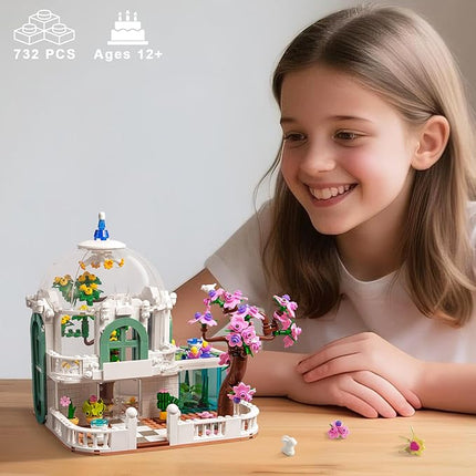 Botanical Garden Building Set, Flower Glass House Building Block Set with Luminous - 732 PCS Greenhouse Buiding Toy with Flowers Potted Plants Bunny Animals Model Xmas Gift for Adults Teens