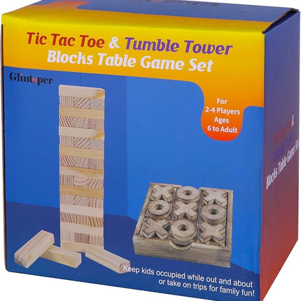 Glintoper Tic Tac Toe & Tumble Tower Blocks Tables Game Set, Classic Wood Stacking Game & XOXO Board Games for Kids Family, Living Room Rustic Coffee Table Decor, Travel Strategy Board Games