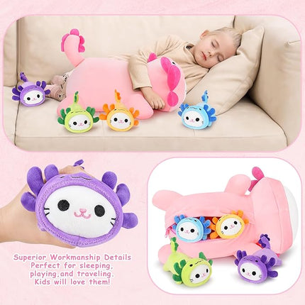 5 PCS Axolotl Cat Plush Stuffed Animal Family-19" Soft Axolotl Cat Plush, Large Mommy Plushies with 4 Baby Kittens Plushies for Kids, Kawaii Plushie Toy Christmas Birthday Gifts for Kids Boys Girls