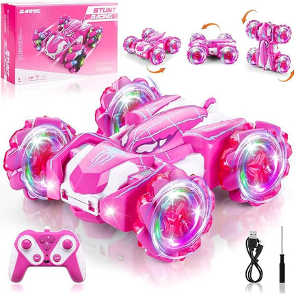 Spider Remote Control Car, Double Sided 360°Rotating USB Direct Charging RC Cars with Cool Lights, 2.4Ghz Drift RC Stunt Car, 360°Rotating 4WD Off-Road Race Toys for 4-12 Boy Girl Kids Gifts(Pink)