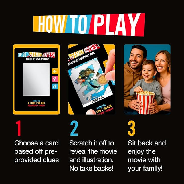 Premium Family Movie Night Scratch Off Cards – Gifts For Families – Kids Movie Game For Movie Lovers, Family Date Night, Sleepovers – Family Night Ideas - Family Experience Gifts - Movie Night Gift