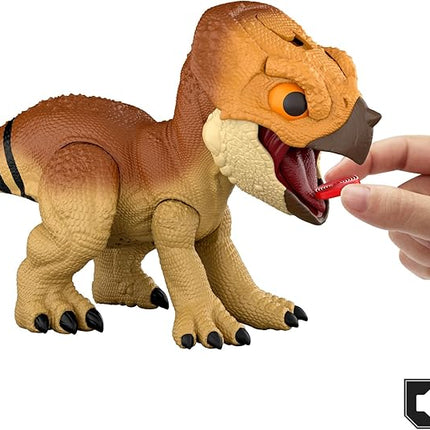 Mattel Jurassic World Rebirth Primal Protector Aquilops Dolores Interactive Dinosaur Toy with Attack Action & Sounds, Pet-Style Electronic Figure with Food Accessory