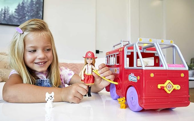 Barbie Chelsea Can Be Doll & Toy Fire Truck Playset with Blonde Small Doll, 2 Pets & 15+ Acessories, Open for Fire Station