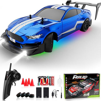 Remote Control Car RC Drift Car 1:16 Scale 4WD RC Vehicle with Spray, Cool Lights, 2.4GHz 30km/h RTR High Speed Racing Sport Toy for Adults Boys Girls Kids Gift 2Pcs Rechargeable Battery