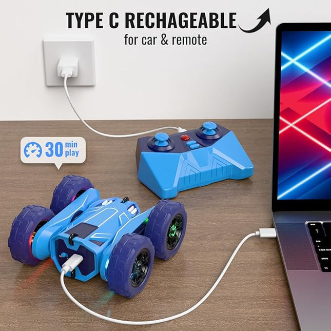 MaxTronic Remote Control Car, Rechargeable RC Cars & Remote - 20km/h Double Sided 360° Rotation Stunt Stunt Crawler with LED Lights for Boys Girls Aged 3-12