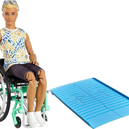 Barbie Ken Fashionistas Doll #167 with Wheelchair & Ramp Wearing Tie-Dye Shirt, Black Shorts, White Sneakers & Sunglasses, Toy for Kids 3 to 8 Years Old