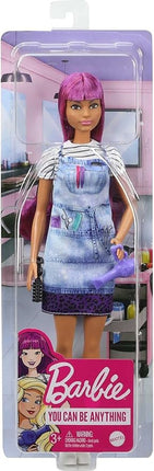Barbie Careers Fashion Doll & Accessories, Salon Stylist with Purple Hair Wearing Removable Outfit with Tie-Dye Smock, Blow Dryer & Brush