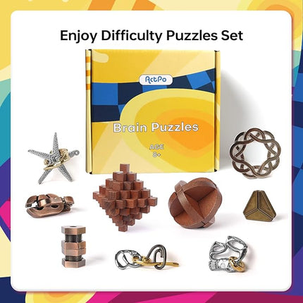 9pcs Retro Wooden and Metal Puzzles Bulk Gift for Kids, Teens, and Adults Unlock Interlock Brain Teaser Toys Game.