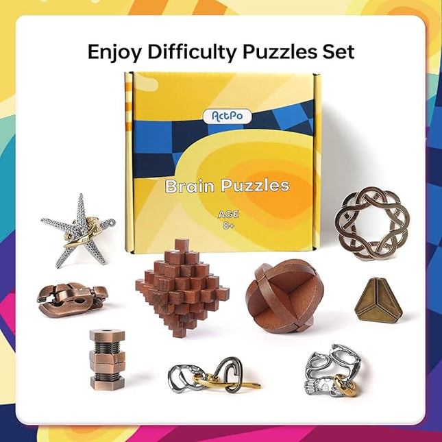 9pcs Retro Wooden and Metal Puzzles Bulk Gift for Kids, Teens, and Adults Unlock Interlock Brain Teaser Toys Game.
