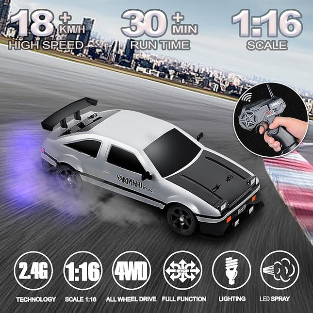 YUZ Remote Control Car RC Drift Car 1/16 Scale 4WD 18KM/H High Speed RC Car 2.4GHz with LED Lights Spray Racing Toy Car for Adults Boys Girls Kids Birthday 2Pcs Rechargeable Batteries, White
