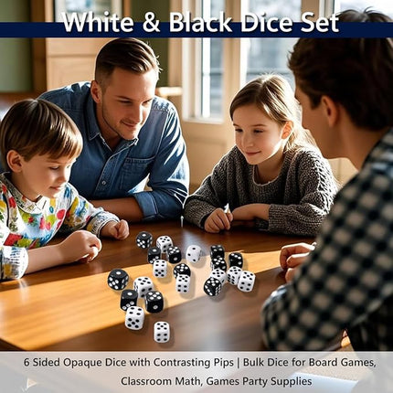 50 Pieces White Black Dice Set (16mm 6-Sided) - 25 White Dice and 25 Black Dice with Bold Pips for Board Games, Math Learning, Educational Activities, Family Game Nights