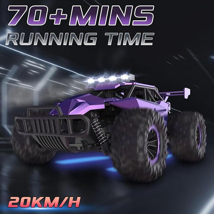 1:16 Scale Purple Remote Control Car, 20 Km/h High Speed Girls Remote Control Car Monster Vehicle with LED Headlights and Chassis Lights, RC Truck for Girls Boys and Adults