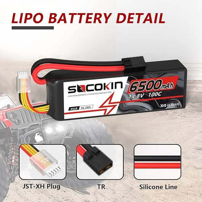 4S Lipo Battery 14.8V 6500mAh 100C Lipo Batterie with TR Connector Plug Soft Case for RC Car X-Maxx RC Boat RC Racing Truck Helicopter Airplane