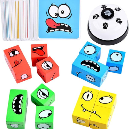 Wooden Face Changing Magic Cube Game, Expression Puzzle Building Blocks Pattern Matching Game, Educational Puzzles Toy Board Games for Kids and Adults with Bell