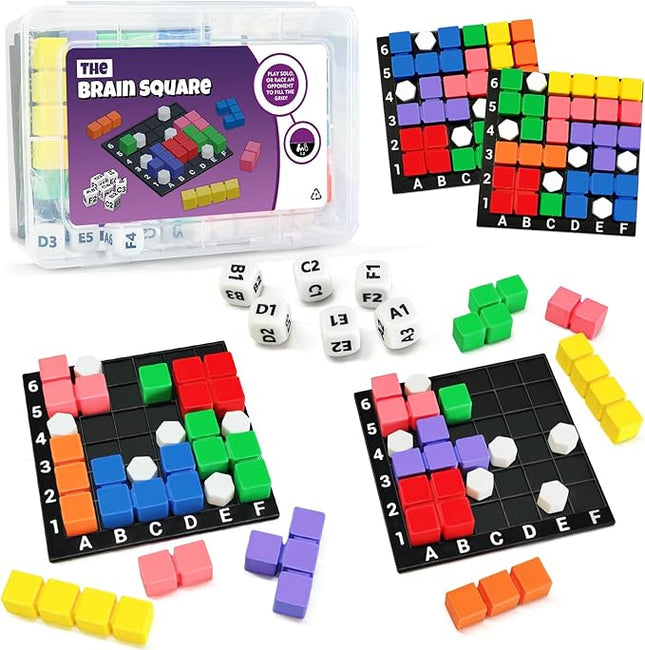 STEM Puzzle Game The Brain Square With 160000+ Solutions Pattern Matching Blocks Brain Teaser Toy Roll Dice & Race Your Opponent to Fill Grid Travel Game for Kids & Teens Back To School Birthday Gift
