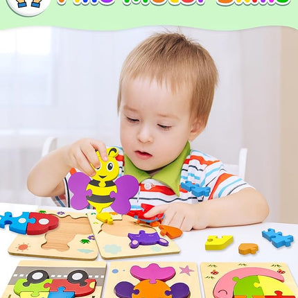 Yetonamr Wooden Toddler Puzzles Gifts Toys for Boys Girls, 12 Vehicle Shape Montessori Toy Educational Blocks Kids Toys Gift Baby Learning Toy