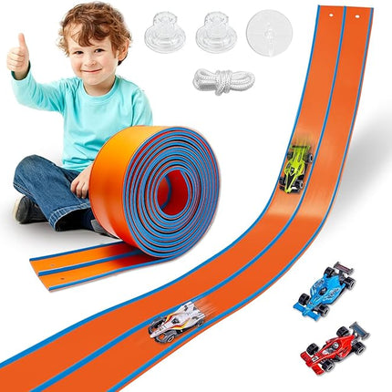 Flexible Race Track Toys for Kids 15 Ft with 4 Cars & Suction Cups, Portable Double Lane Racetrack Compatible with Hot Wheels & 1/64 Diecast Cars, Fun Car Ramp Track Set for Ages 3+(Orange & Blue)