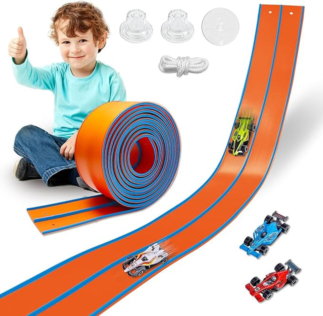 Flexible Race Track Toys for Kids 15 Ft with 4 Cars & Suction Cups, Portable Double Lane Racetrack Compatible with Hot Wheels & 1/64 Diecast Cars, Fun Car Ramp Track Set for Ages 3+(Orange & Blue)