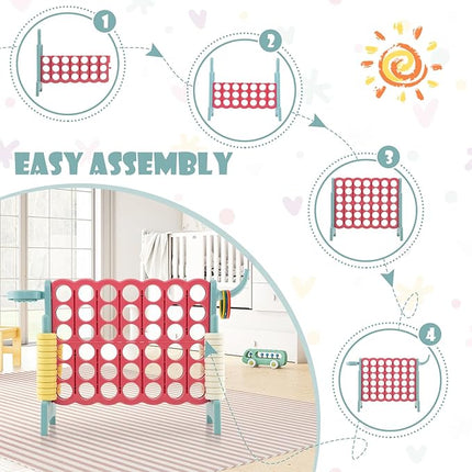 Costzon Giant 4-in-A-Row, Jumbo 4-to-Score Giant Game w/Basketball Hoop, Ring Toss, Quick-Release Slider, 42 Jumbo Rings, Indoor Outdoor Family Connect Game for Kids & Adults, Backyard Games