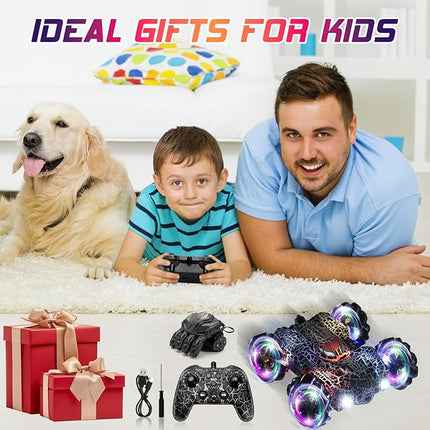 Hand Controlled Remote Control Car, 2.4Ghz Gesture Sensing RC Stunt Car with Wholebody Light & Headlight, Rechargeable 360° Rotating Double Sided RC Cars Black Spider Toys for Boys 4-6 5-7 8-12