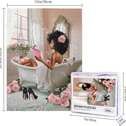 African American Jigsaw Puzzles 500 Pieces for Adults, Bath Time Reading Scene, Black Woman Wooden Puzzle for Stress Relief, Challenging Brain Teaser & Home Decor