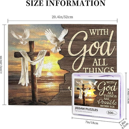 Christian Jigsaw Puzzles 500 Pieces for Adults, Ocean Cross & Matthew 19:26 with God All Things are Possible, Inspirational Beach-Themed Wooden Puzzle, Faith-Based Gift