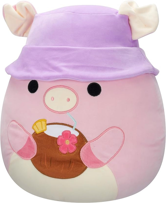 Squishmallows Original 16in Peter The Pig with Tropical Drink and Bucket Hat – Official Jazwares Plush (Large)