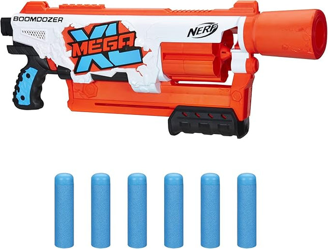 Nerf Mega XL Boom Dozer Blaster, Largest Mega Darts Ever, XL 6-Dart Rotating Drum, 6 Mega XL Whistler Darts, Pump Action