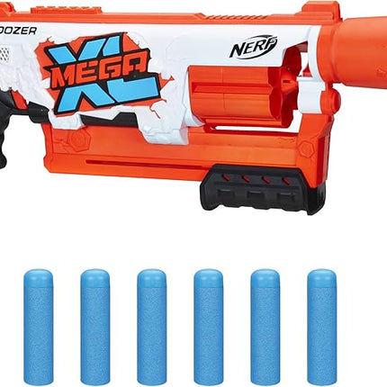 Nerf Mega XL Boom Dozer Blaster, Largest Mega Darts Ever, XL 6-Dart Rotating Drum, 6 Mega XL Whistler Darts, Pump Action,Standard Packaging