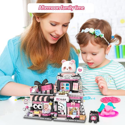 Cute Panda Mini Building Blocks Set, 938PCS MOC Mini Architecture Building Kits with Gift Shop Street View Design - STEM Educational Construction Gift for Girls Boys Kids Adults