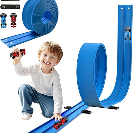 Flex Tracks 15 Ft for Kids, Flexible Race Car Ramp Track with Hot Wheels and Diecast 1/64th Cars, Double-Sided Racetrack with 2 Small Racecars, Toys Gifts for Age 3 4 5 6 7 Years Old Boys Girls Kids