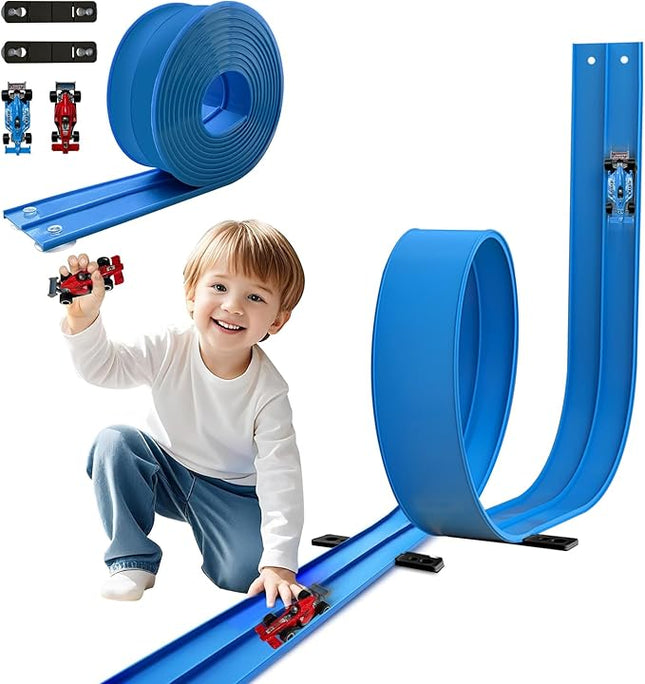 Flex Tracks 15 Ft for Kids, Flexible Race Car Ramp Track with Hot Wheels and Diecast 1/64th Cars, Double-Sided Racetrack with 2 Small Racecars, Toys Gifts for Age 3 4 5 6 7 Years Old Boys Girls Kids