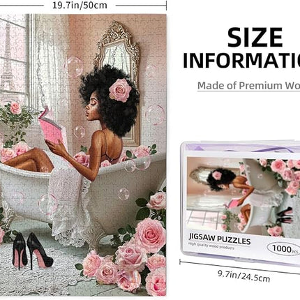 African American Jigsaw Puzzles 1000 Pieces for Adults, Bath Time Reading Scene, Black Woman Wooden Puzzle for Stress Relief, Challenging Brain Teaser & Home Decor