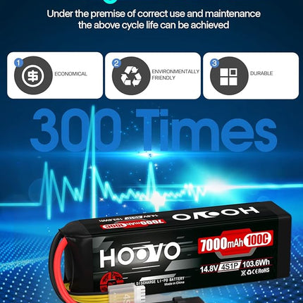 HOOVO 4S 14.8V LiPo Battery 7000mAh 100C RC Battery Metal Plates Compatible for X-Maxx RC Truck Tank RC Car Racing Hobby (2 Pack)