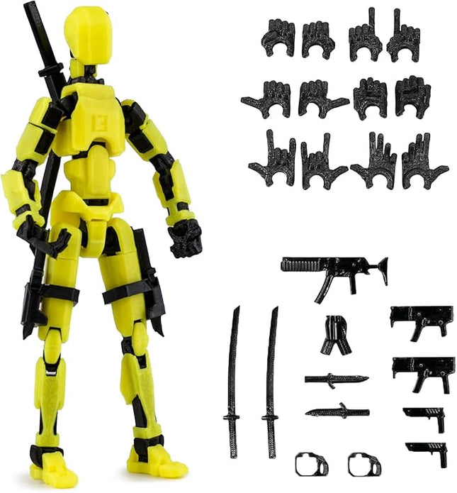 Pre-Assembly 3D Printed 5.54'' Dummy13 Action Figure, Multi-Jointed Tian13, Articulated T13 Desktop Decoration,12 in 1 Accessories, Best Birthday Festival Gift (Yellow)