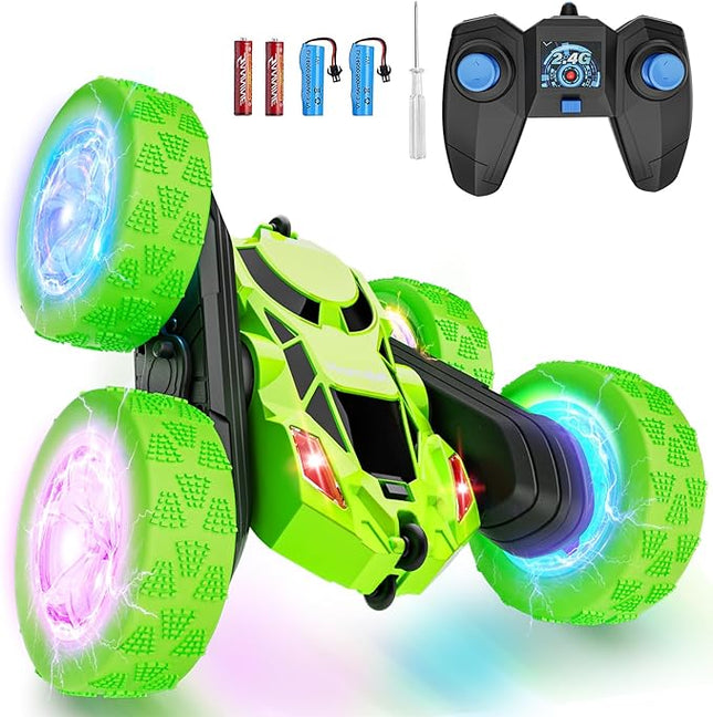Remote Control Car, Double Sided 360°Rotating 4WD RC Cars with Headlights 2.4GHz Electric Race Stunt Toy Car Rechargeable Toy Cars for Boys Girls Birthday (Green)