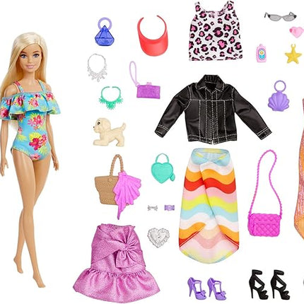 Barbie Advent Calendar with Barbie Doll (12-in), 24 Surprises Including Day-to-Night Trendy Clothing & Accessories, Festive Holiday Themed Packaging for Kids 3 to 7 Years Old