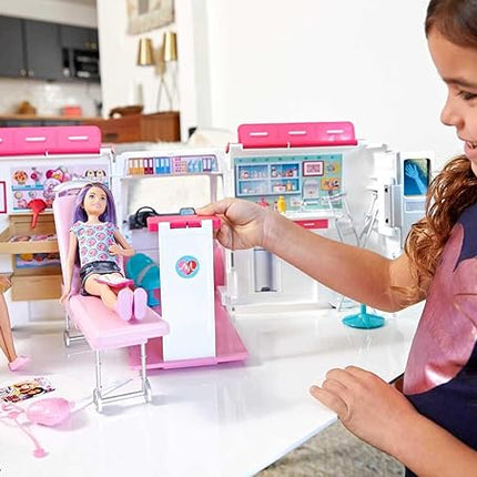 Barbie Playset with 20+ Accessories, Emergency Vehicle Transforms into 2+ Foot Hospital with Lights and Sounds, Care Clinic