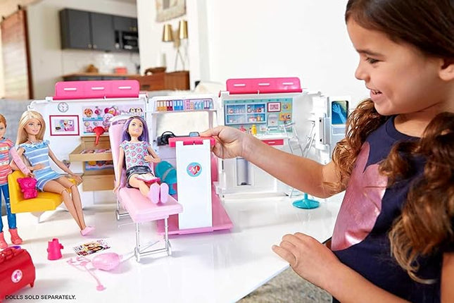 Barbie Playset with 20+ Accessories, Emergency Vehicle Transforms into 2+ Foot Hospital with Lights and Sounds, Care Clinic