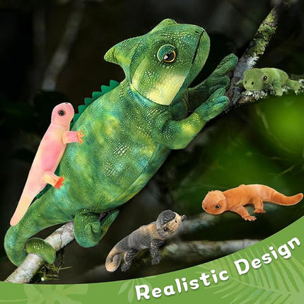 MorisMos Plush Lizard Stuffed Animals, 27'' Giant Mommy Chameleon Stuffed Animal with 4 Baby Lizard Toys for Kid Girl Boy, Realistic Large Iguana Mom, Cute Gecko Toys Gift for Kid Birthday Christmas