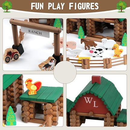 Wondertoys 164 Pcs Wooden Log Set Ranch Real Wood Logs Classic Building Log Ages 3+ Best Retro Farm Building Gift Set Creative Construction Engineering Educational Gifts