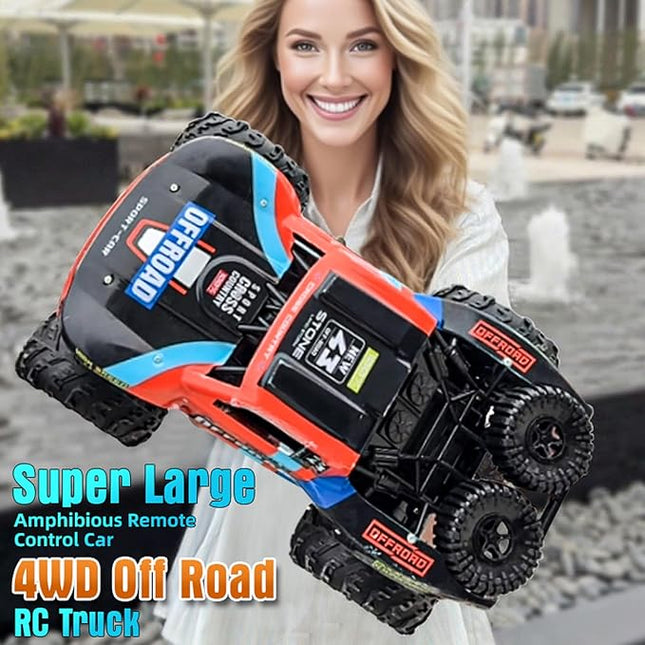 1/12 Big Amphibious Remote Control Car，Monster Truck Pool Toy w/ Waterproof Remote, 4WD, 2.4G, 2 Modular Batteries (60+Mins), Off Road All Terrains RC Car For Boys Adults Kids 4-12, Ideal Gift-Blue