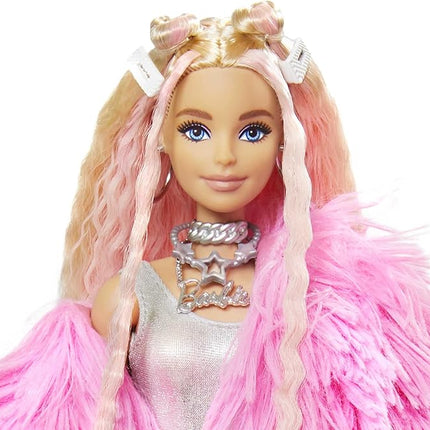 Barbie Extra Doll & Accessories with Pink-Streaked Blonde Crimped Hair in Fluffy Pink Coat with Pet Unicorn-Pig