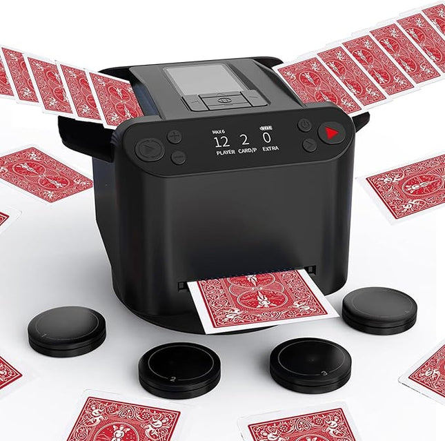 2-in-1 Automatic Card Shuffler and Dealer, 360/180 Card-Flow Modes, Supports 2 Decks, 12 Players, with 4 Wireless Draw Remotes, for UNO, Poker, Phase 10 (Black)