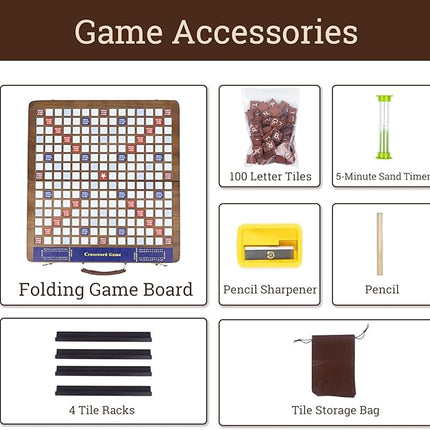 Wooden Folding Crossword Board Game – Word Game Set with 100 Letter Tiles, Sand Timer, Pencil, Racks & Bag – Portable Wooden Game for Adults & Family