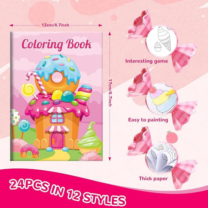 BenLouis 24 Pcs Sweet Mini Coloring Books Kids Candyland Donut Ice Cream Party Favors Small Activity Books Bulk for Kids Treats Desserts Birthday Goodie Bags Stuffers Return Gifts Classroom Travel