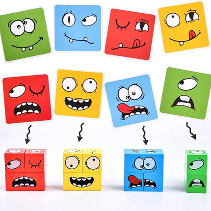 Wooden Face Changing Magic Cube Game, Expression Puzzle Building Blocks Pattern Matching Game, Educational Puzzles Toy Board Games for Kids and Adults with Bell